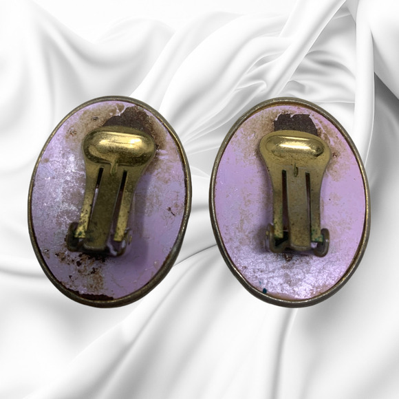 Vintage 1980's Purple Enamel Clip On Swirl Earrings Avant Garde New Wave Punk - Picture 2 of 5